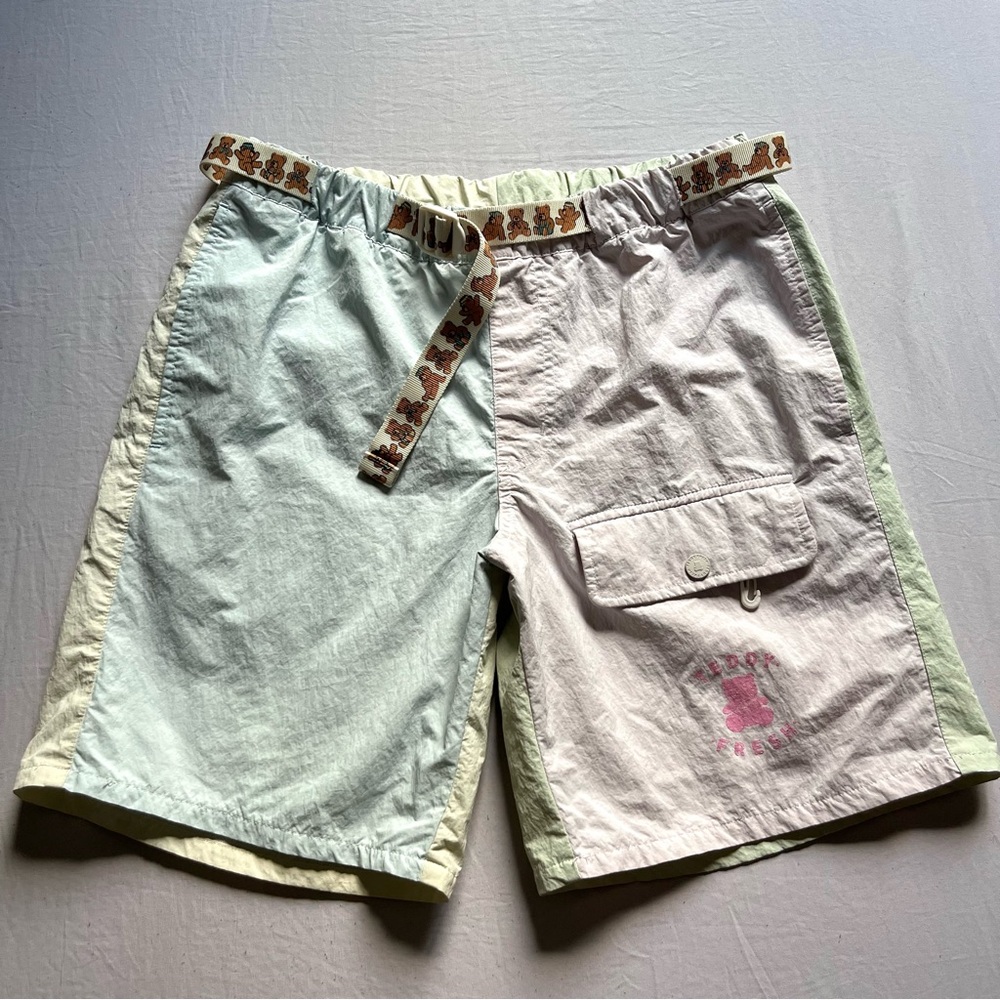 TEDDY FRESH light pastel nylon color block patch work bear belted logo shorts